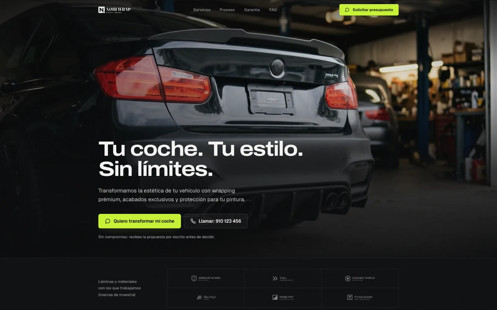 Maqueta de web para Noir Wrap Studio, estudio de wrapping